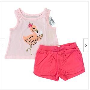 NWT Children's Place Pink W/Sequin Flamingo Graphic Tank & Shorts Outfit - 6-9M